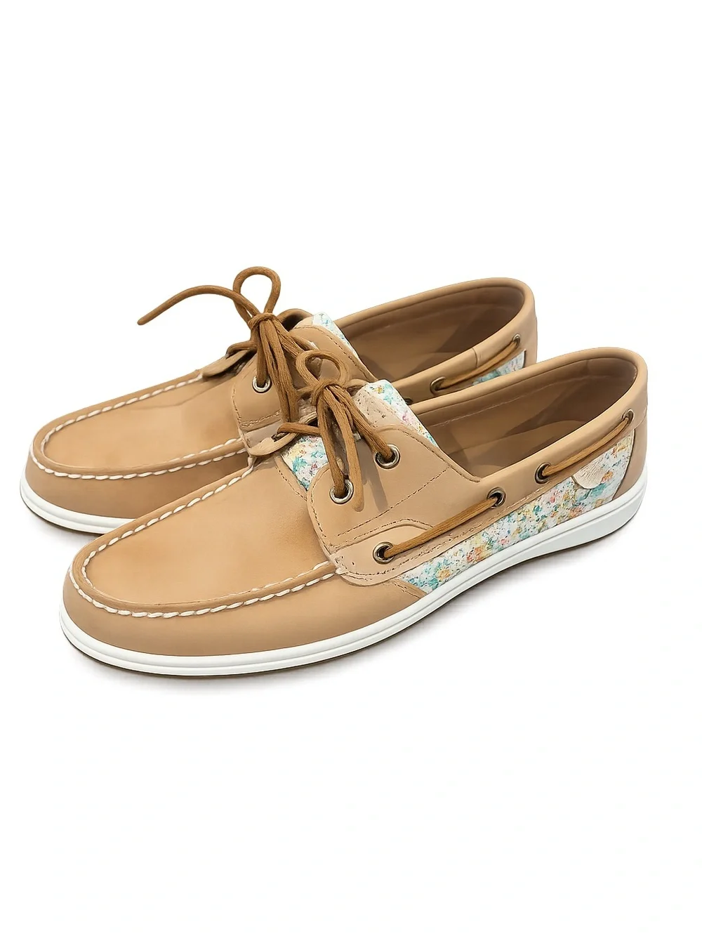 Sperry Tan Leather Boat Shoes with Floral Accent
